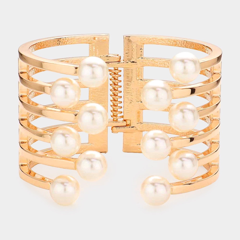 Gold pearl hinged cuff fashion statement cuff bracelet